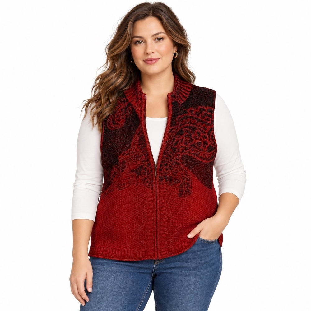 Coldwater Creek Sweater Vest Womens XL Red Paisley Full Zip Mock Neck Knit Top